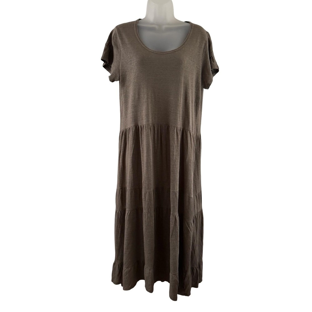 Poetry Linen Dress Womens 10 Brown‎ Tiered T Shirt Swing Scoop Maxi Lagenlook